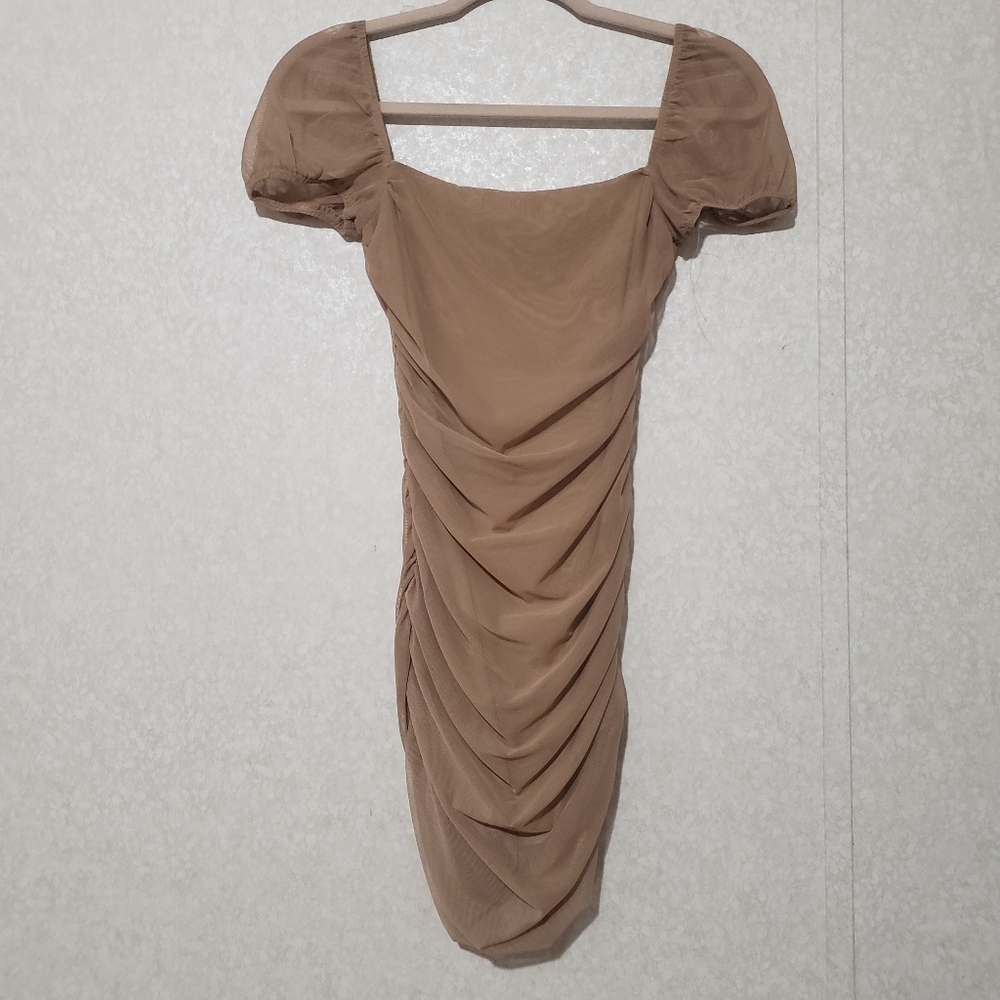 Princess Polly Tan Ruched Mini Dress with Puff Sleeves...size:4